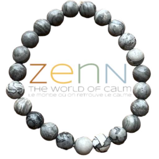 ZenN- Crystal & Gemstone Grey Jasper Stone Bracelet Brings Relaxation Promotes Focus & Compassion  8Mm New Hang Tag Packaging