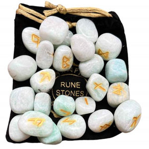 ZenN- Crystal & Gemstone Amazonite Rune Set Promotes Creative Expression Good Communication Truthfulness & Flexibility And Soothing Properties 