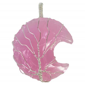 ZenN- Crystal & Gemstone Moon Shape Rose Quartz Pendant Wrapped With The Wire Pink