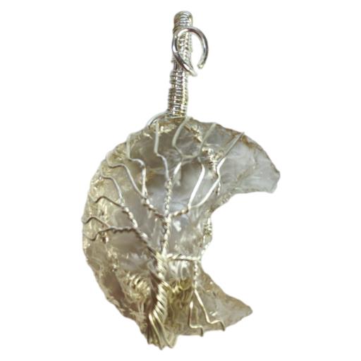 ZenN- Crystal & Gemstone Moon Shape Clear Quartz Pendant Wrapped With The Wire Smoky White