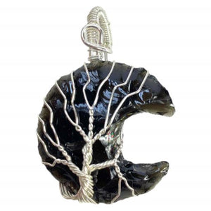 ZenN- Crystal & Gemstone Moon Shape Black Tourmaline Pendant Wrapped With The Wire Black