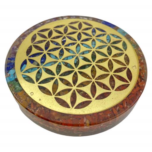 ZenN- Crystal & Gemstone 7 Chakra Cop Dust Orgone Coaster With Flower Of Life Blue Burgundy Green Orange Yellow Magenta Gold