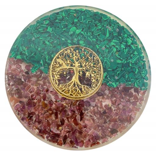 ZenN- Crystal & Gemstone Round Shape Orgone Coaster With Tree Of Life Green Red