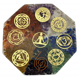 ZenN- Crystal & Gemstone Octagon Shape Orgone Coaster Engraved With Seven Chakra Symbols Blue Burgundy Green Orange Yellow Magenta Gold