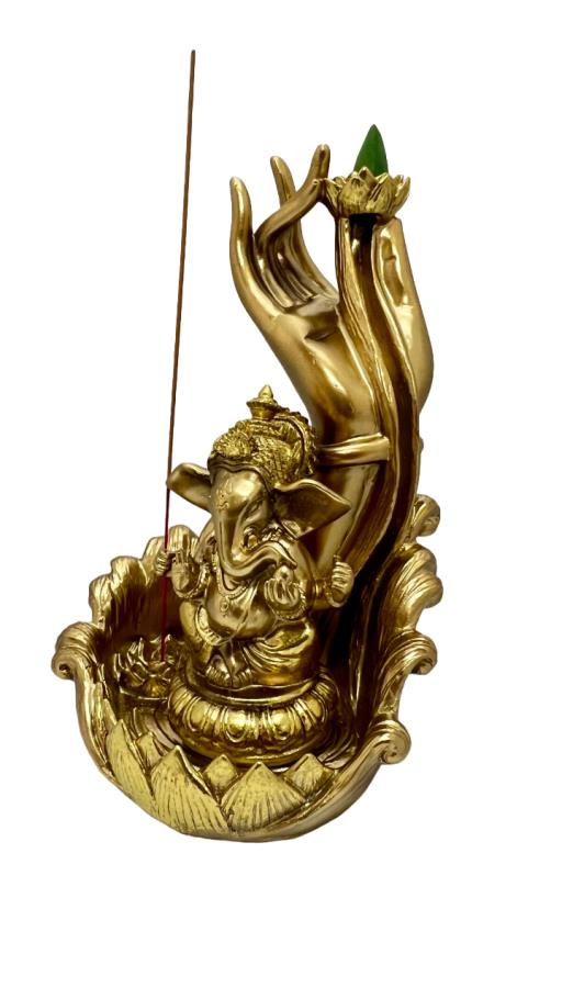 ZenN Backflow Incense Burner Ganesha Hand With Lotus Golden