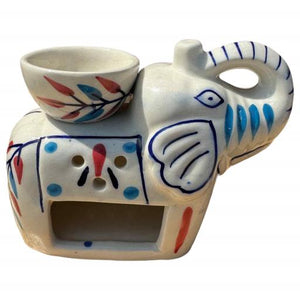 ZenN White Painted Ceramic Elephant Oil Burner/Diffuser Tealight Holder - Aromatherapy White Red Blue