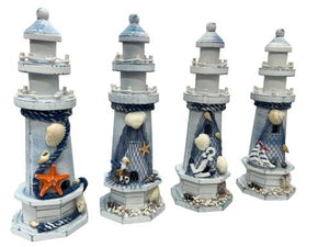 Blue Harbour Lighthouse With Sailboat Anchor Fishnet Sea Shells Seagull Asst.4 Light Blue White