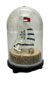 Blue Harbour Led Ship In A Glass Dome With Lights Welcome Anchor & Seashell Navy Blue White Red