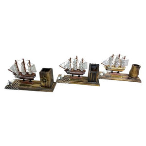 Blue Harbour Three Masts Ship With Pen Holder Blue Brown White 